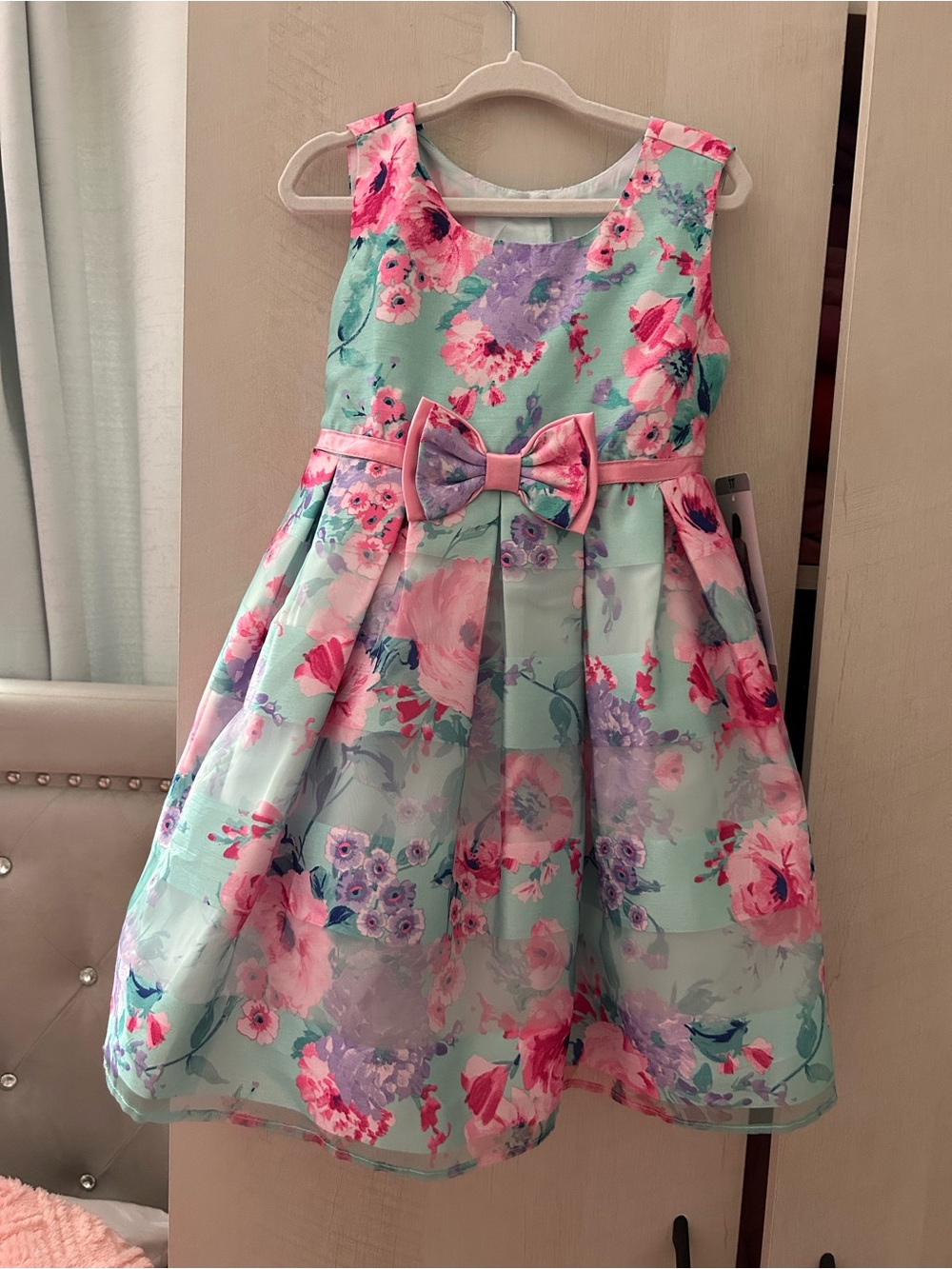 Jona Michelle Mint Floral Party Dress with Pink Bow